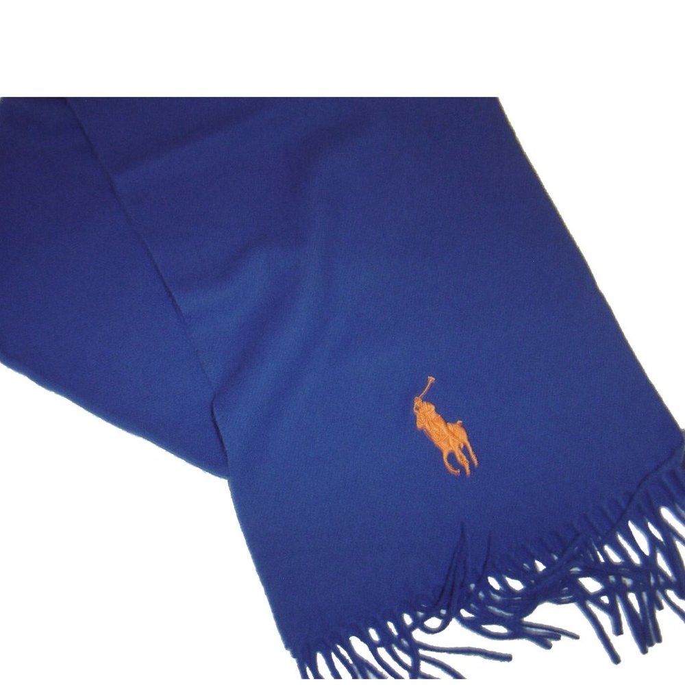 NEW Polo Ralph Lauren Soft Wool Scarf! Blue With Orange Player Made in Italy